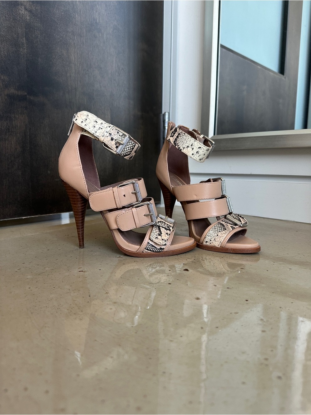 BCBGMaxAzria Blush and Snake-Print buckle strap heels